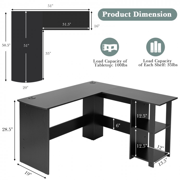 L-shaped computer desk dimensions with storage shelves, crafted from durable engineered wood for home office use.